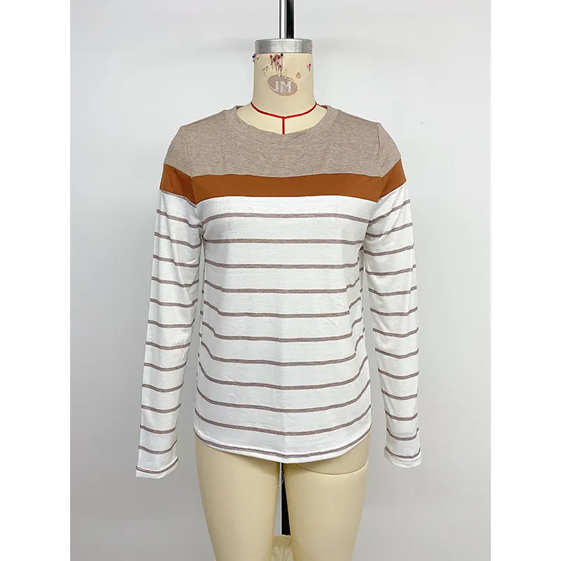 Women Casual Patchwork Striped Long Sleeve T-Shirt Round Neck Color Block Soft Knitted Top Fall Winter Base Layer Tee