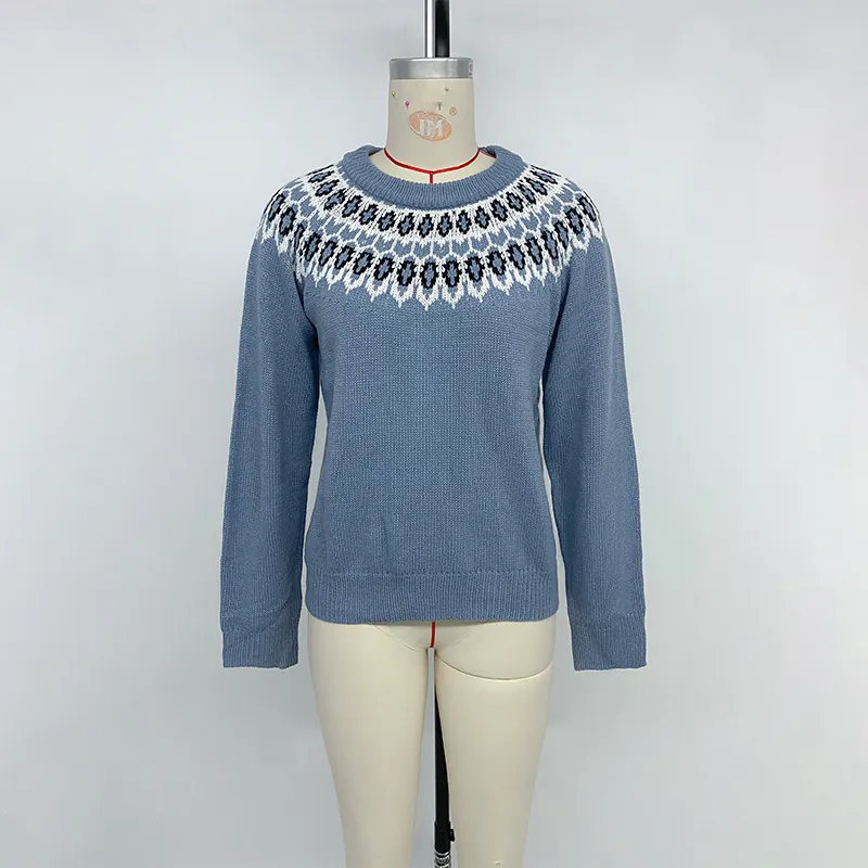 Women's Casual Fair Isle Round Neck Knit Sweater Vintage Geometric Pattern Long Sleeve Soft Acrylic Pullover Top For Autumn Winter