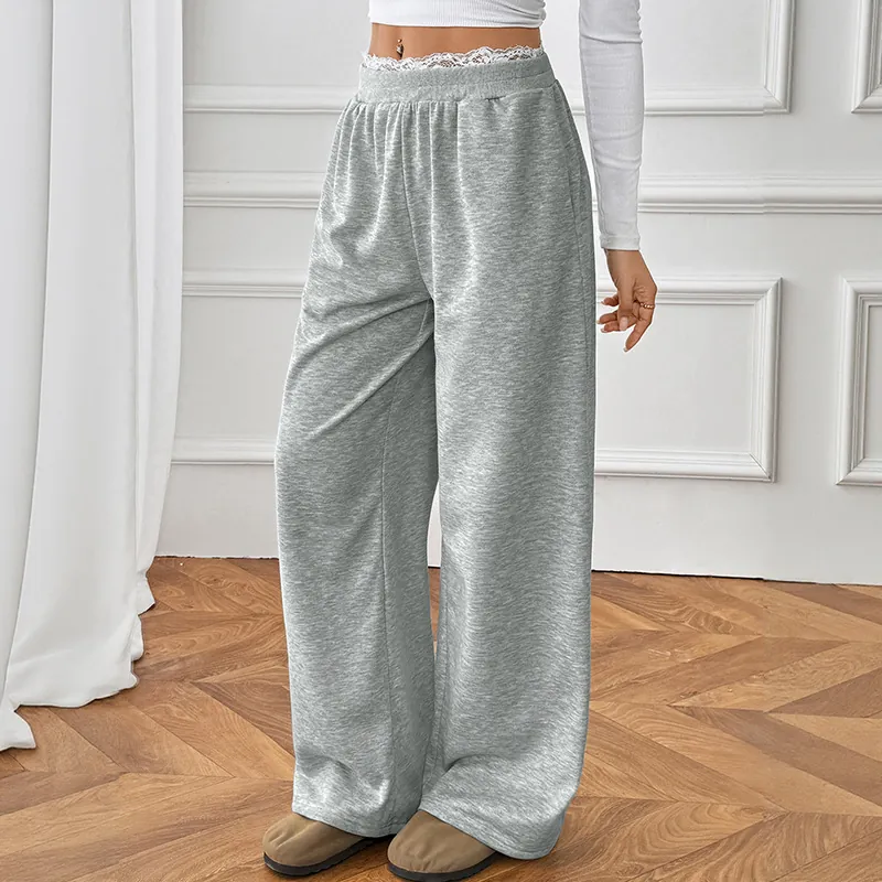 Women Casual High Waist Wide Leg Pants Loose Stitching Lace Trim Heather Gray Straight Long Trousers With Pockets Autumn