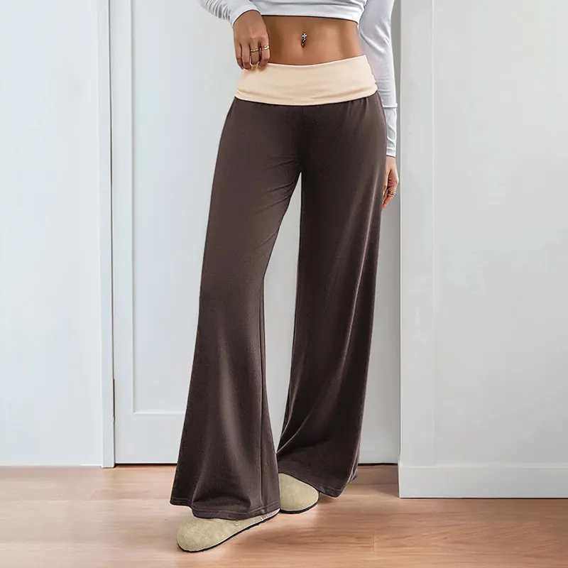 Women Casual Colorblock Fold-over High Waist Wide Leg Pants Polyester Knitted Soft Sweatpants For Yoga Daily Fashion Trousers