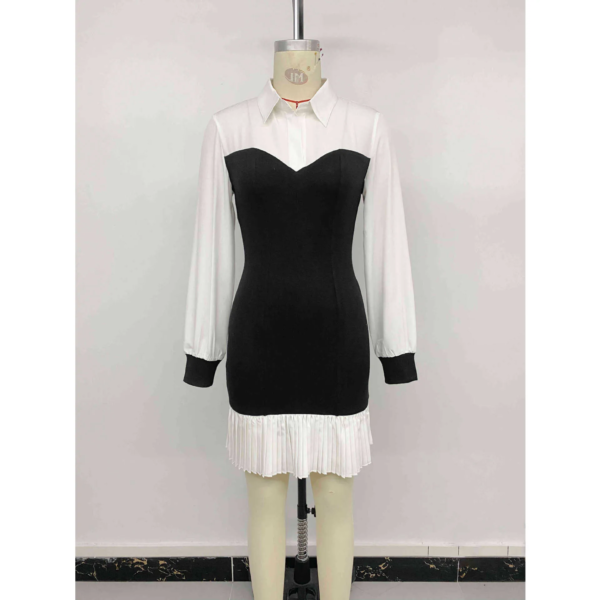 Women Long Sleeve Color Block Shirt Dress Elegant Pleated Mini Dress For Office Casual Patchwork Contrast Short Skirt