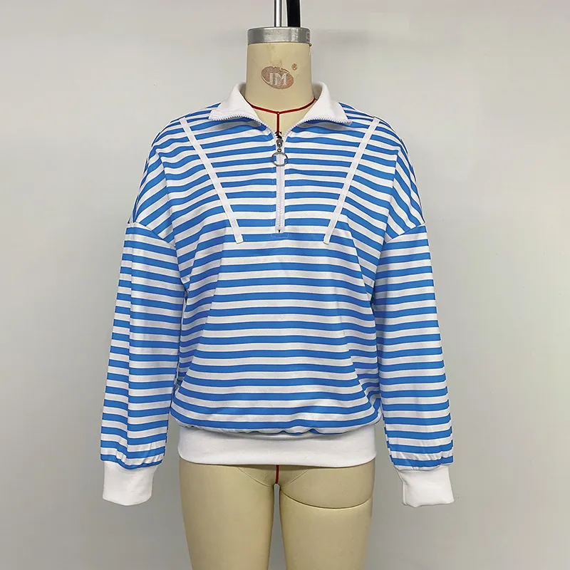Damen Vintage Gestreift Langarm Sweatshirt Polo Kragen Halber Reißverschluss Pullover Lässig Locker Herbst Winter Top Sweatshirt