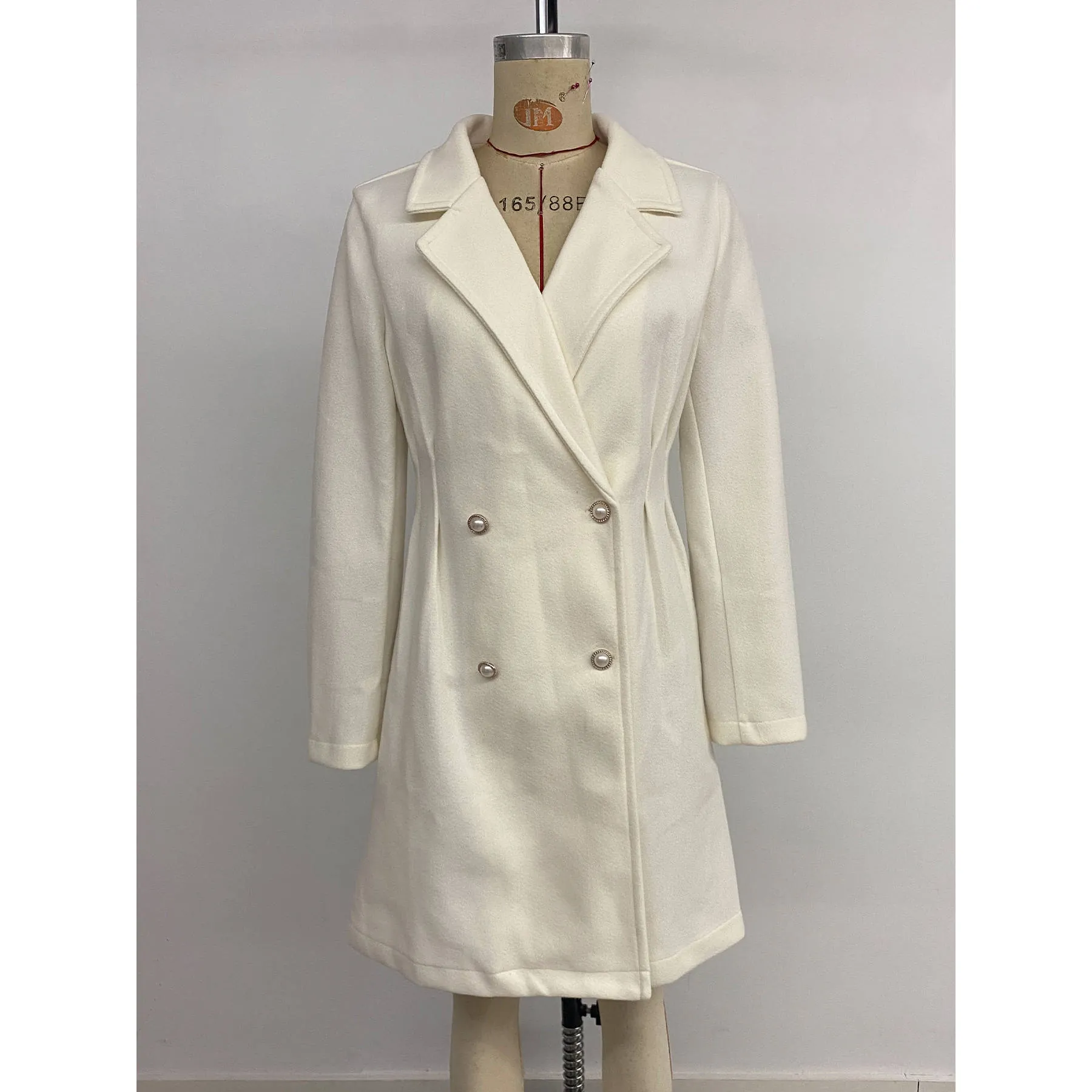 Women Elegant Double Breasted Woolen Coat Solid Color Suit Collar Long Sleeve Slim Fit Mid-Length Overcoat Office Lady Outerwear