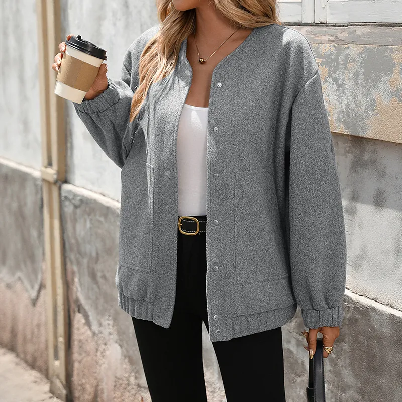 Damen Lässige Lose Jacke Mit Stehkragen Einfarbig Langarm Mantel Mit Taschen Druckknopf Oberbekleidung Für Herbst Winter