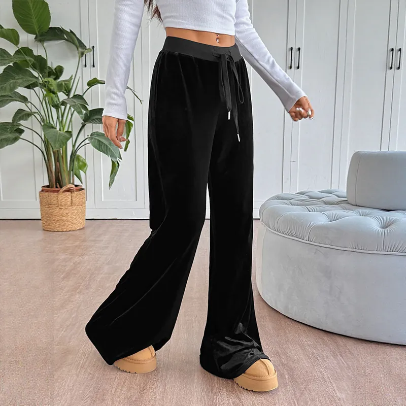 Women Casual High Waist Velvet Flare Pants Solid Black Drawstring Wide Leg Trousers Loose Comfortable Soft Autumn Bottoms