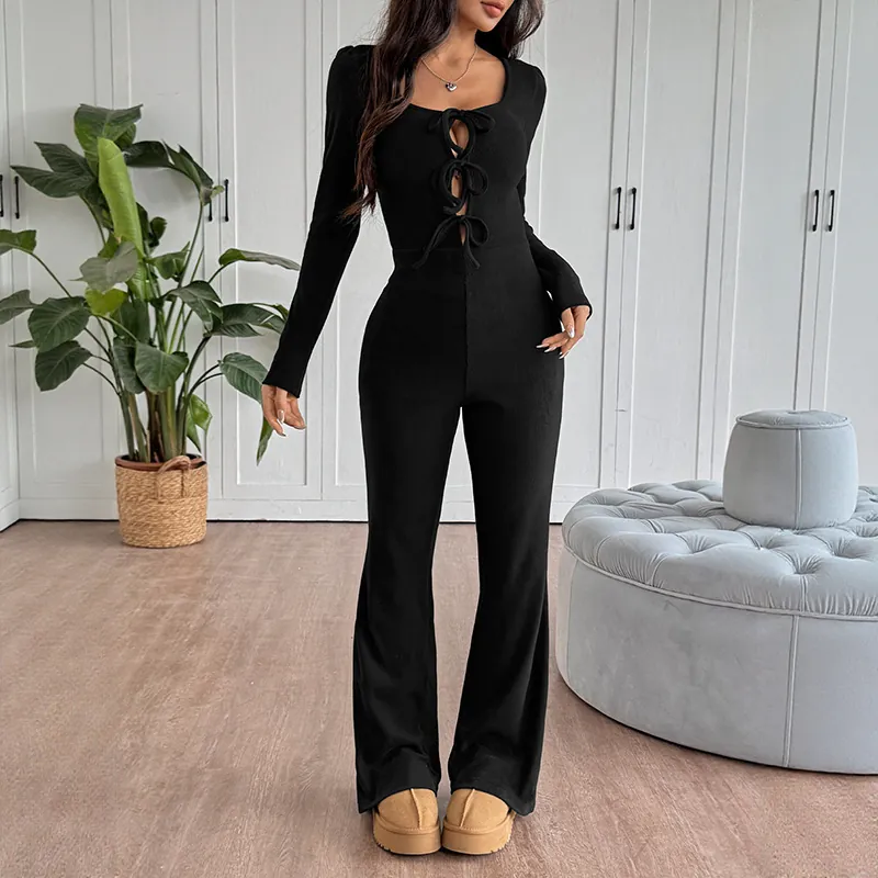 Women Sexy Lace Up Cut Out Ribbed Long Sleeve Jumpsuit Square Neck High Waist Flare Leg Slim Fit One Piece Bodycon Romper