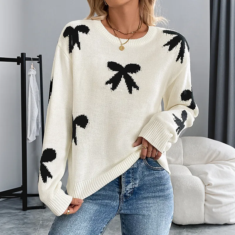 Women Casual Acrylic Knit Sweater Bow Knot Jacquard Pattern Round Neck Long Sleeve Pullover Autumn Winter Jumper Top