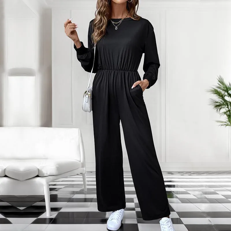 Women Casual Solid Long Sleeve Jumpsuit Round Neck Elastic Waist Open Back Bow Tie Elegant Wide Leg Long Pants Romper