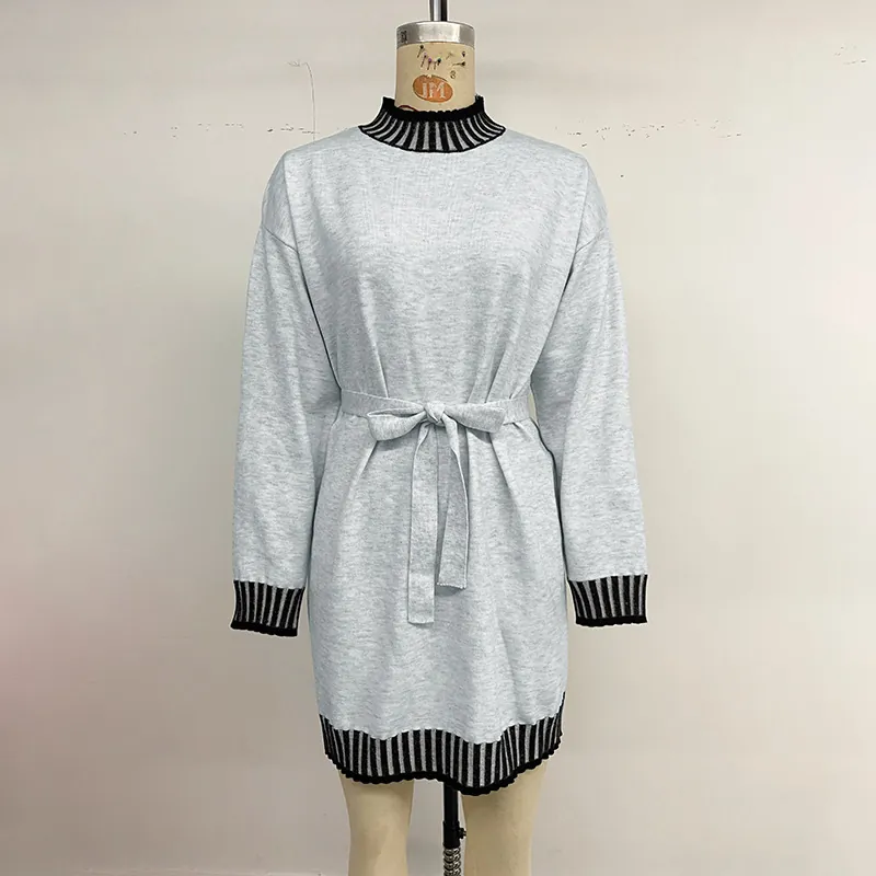 Women Casual Striped Knitted Dress Long Sleeve Mock Neck Tie Waist Patchwork Contrast Color Autumn Winter Midi Sweater Dress