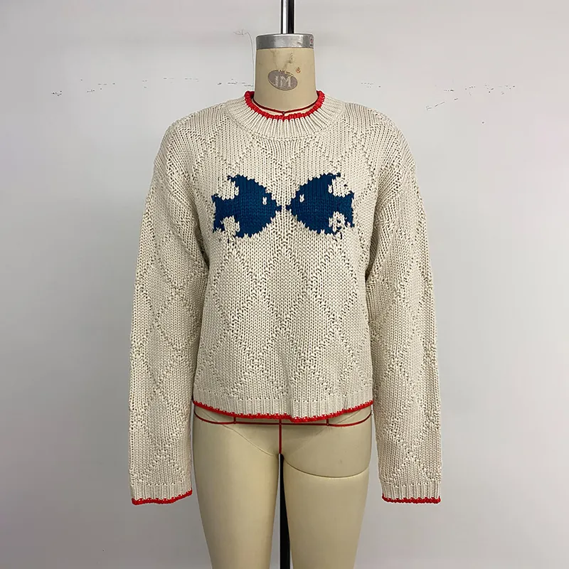 Pull Vintage en Tricot d'Acrylique pour Femme Col Rond Manches Longues Pullover Avec Bordure Contrastée et Motif Poisson