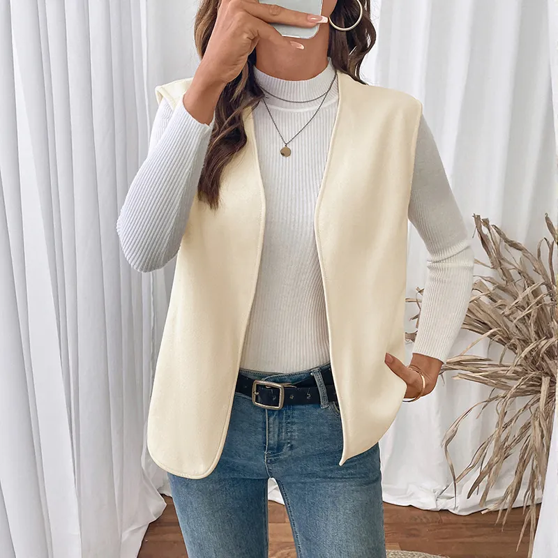 Women Casual Polar Fleece Vest V-Neck Open Front Sleeveless Cardigan Outwear Solid Color Minimalist Waistcoat For Fall Winter