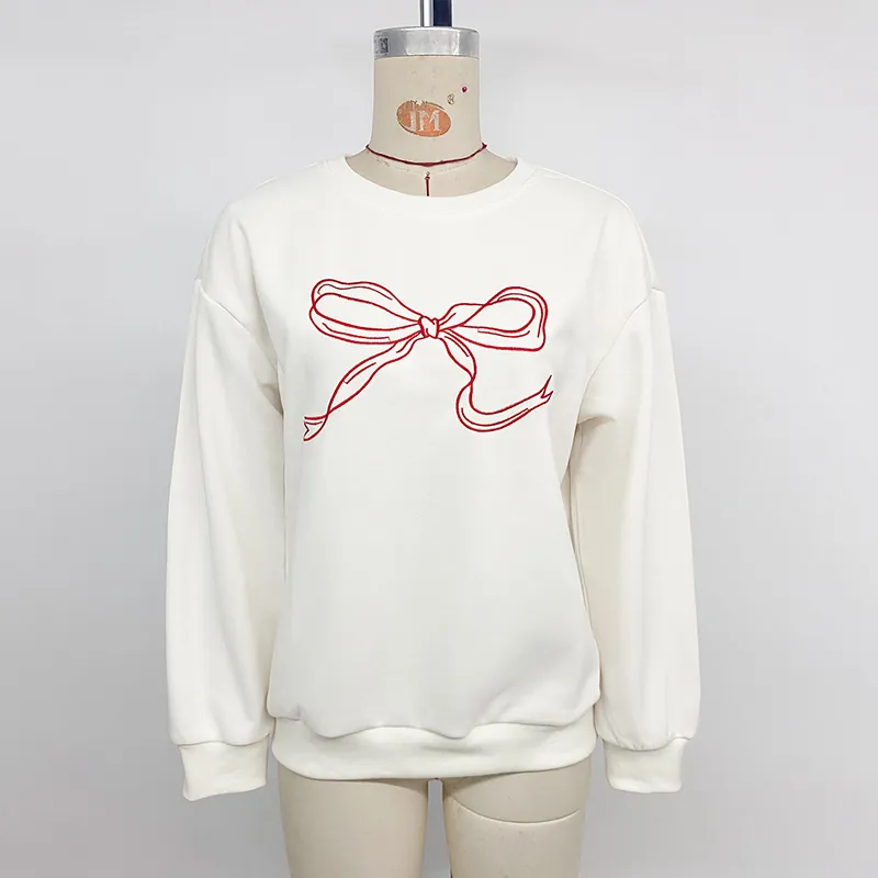 Women's Casual Round Neck Long Sleeve Sweatshirt Red Bow Graphic Print Beige Pullover Top