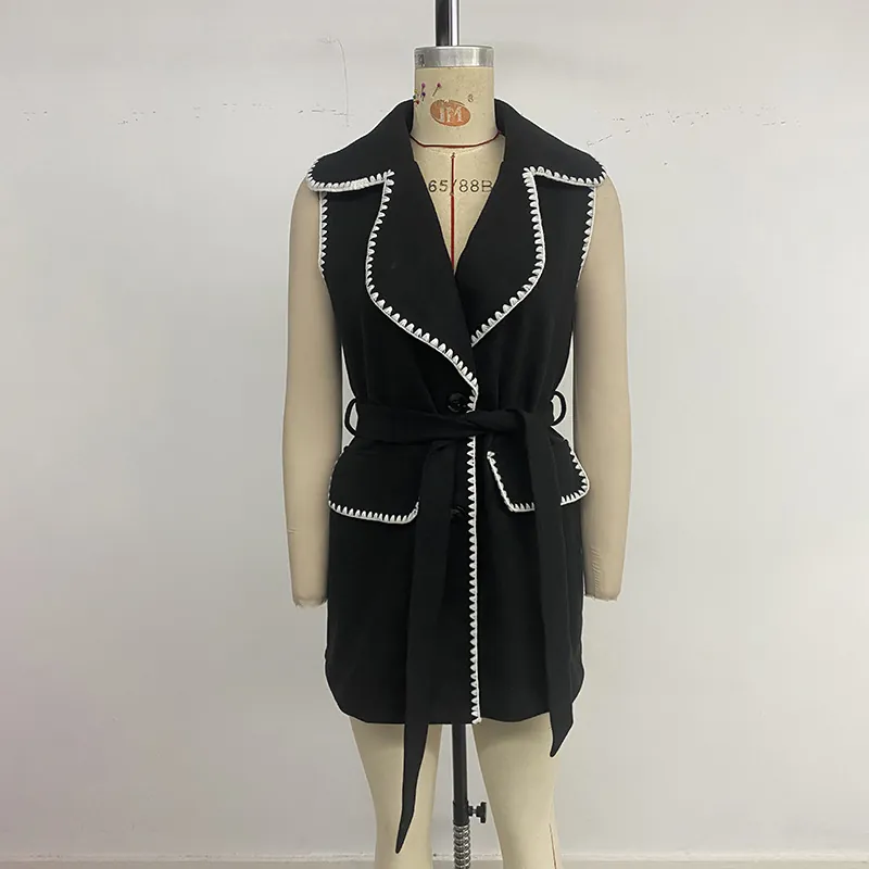 Gilet Décontracté Mi-Long pour Femmes Avec Bordure Point de Surjet Revers Veste Sans Manches Ceinturée Automne Hiver