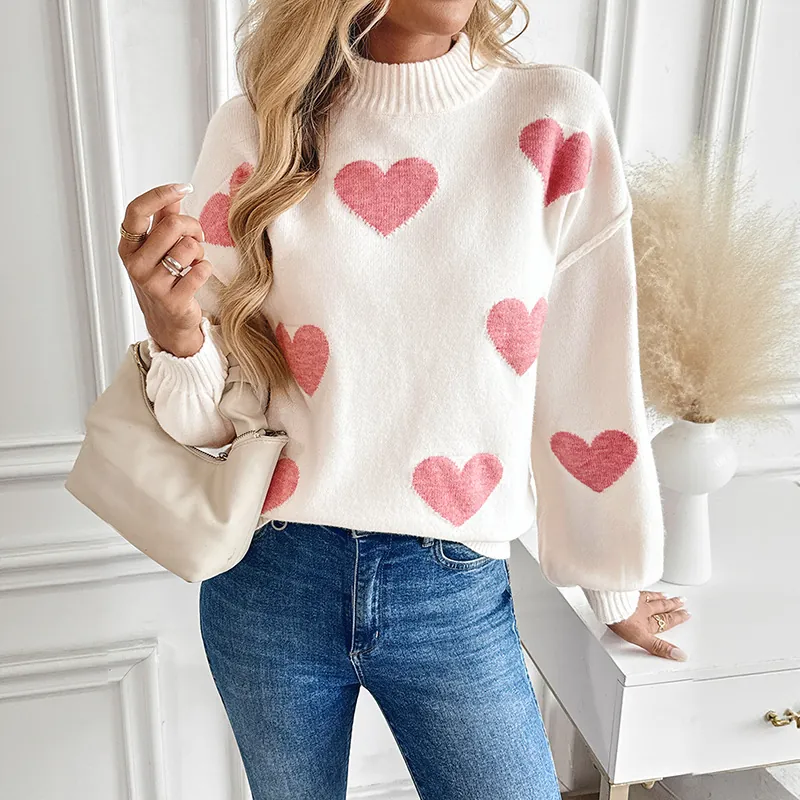 Damen Süß Herz Jacquard Strickpullover Stehkragen Locker Überschnittene Schulter Laternenärmel Pullover Valentinstag