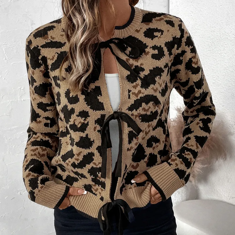 Cardigan in Maglia Leopardata da Donna Maglione Con Fiocco Anteriore Manica Lunga Girocollo Misto Acrilico Top Invernale Autunnale