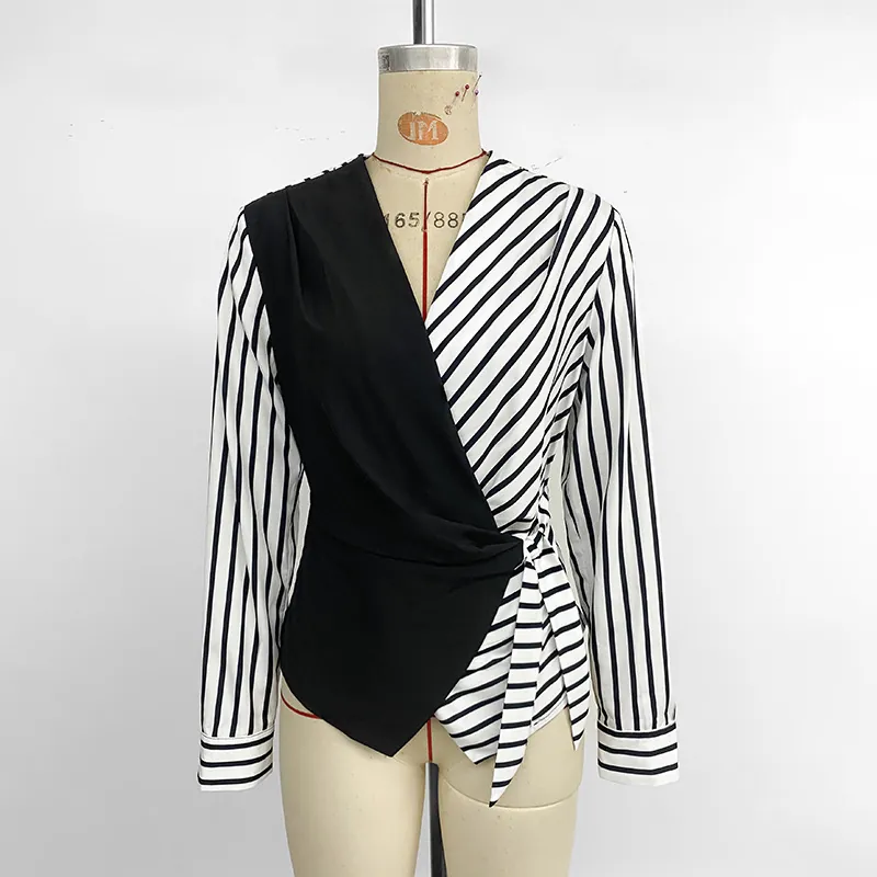Elegant Women Wrap V Neck Long Sleeve Blouse Color Block Striped Tie Waist Patchwork Commuter Fashion Shirt Top