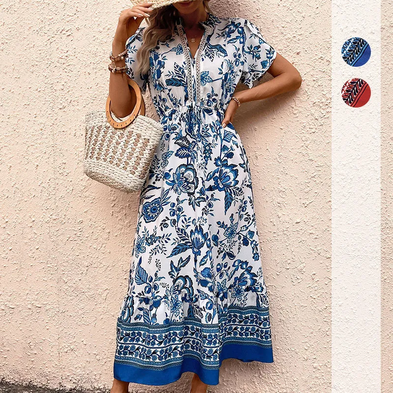 Women's Bohemian Floral V-Neck Maxi Dress Short Sleeve Drawstring Waist Lace Trim Ruffle Hem Vacation Casual Ethnic Dress