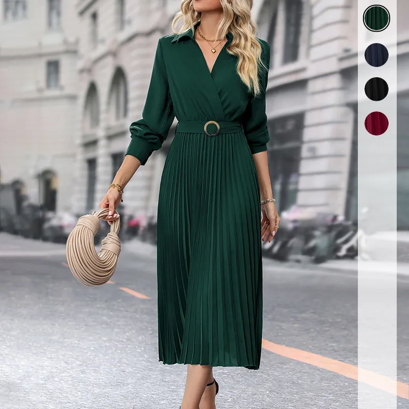 Robe Longue Plissée Élégante pour Femmes Manches Longues Col en V Avec Ceinture Couleur Unie Bureau Fête Décontracté
