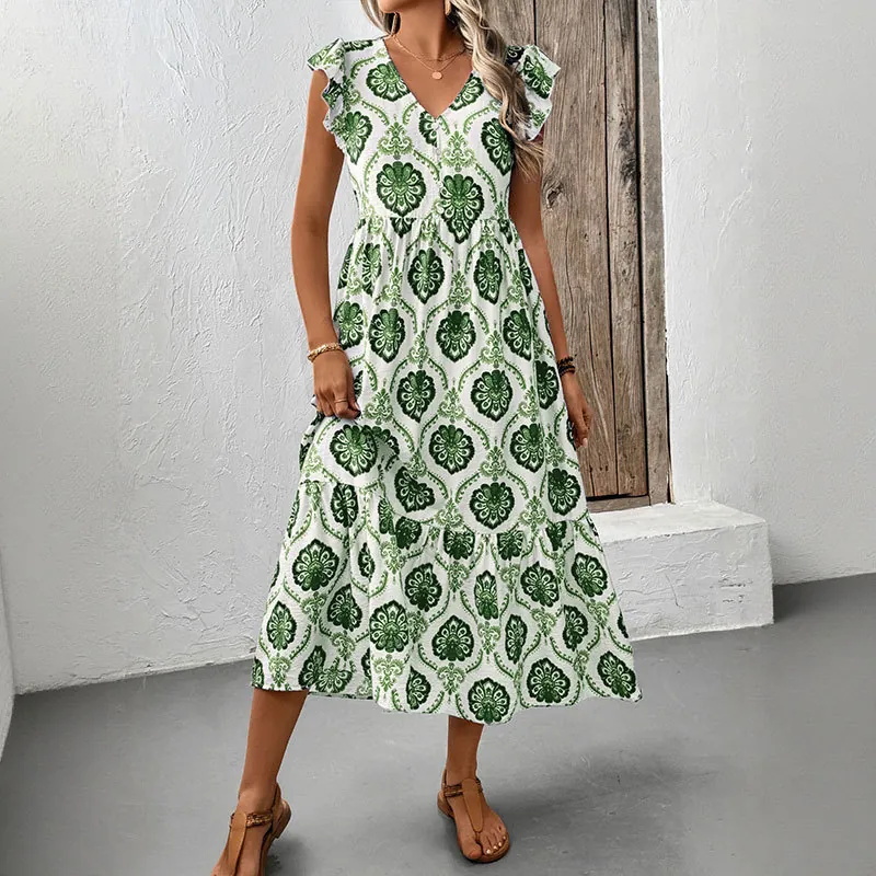 Robe Longue Maxi Vintage Bohème pour Femmes avec Col en V et Imprimé Floral Manches Volantes et Jupe à Couches pour Vacances à la Plage