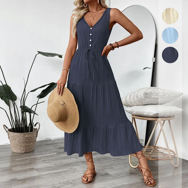 Damen Ärmellos V Ausschnitt Gestuftes Maxikleid Viskosemischung Knopfleiste Kordelzug Taille Einfarbig Sommer Urlaub Kleid