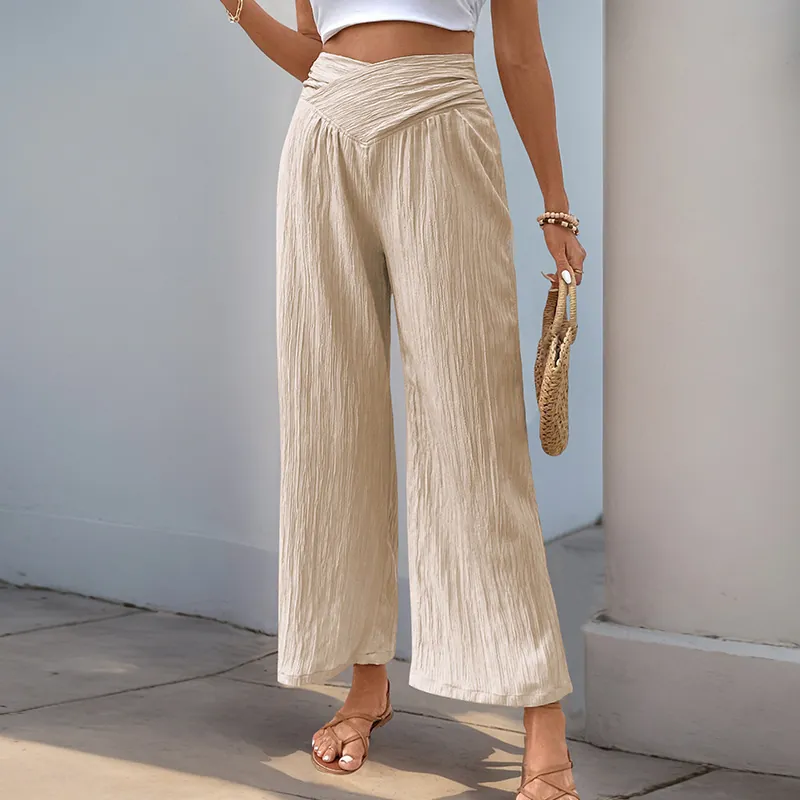 Women High Waist Wide Leg Pants Solid Color V-Shape Cross Waist Ankle Length Crinkled Texture Casual Commuter Trousers