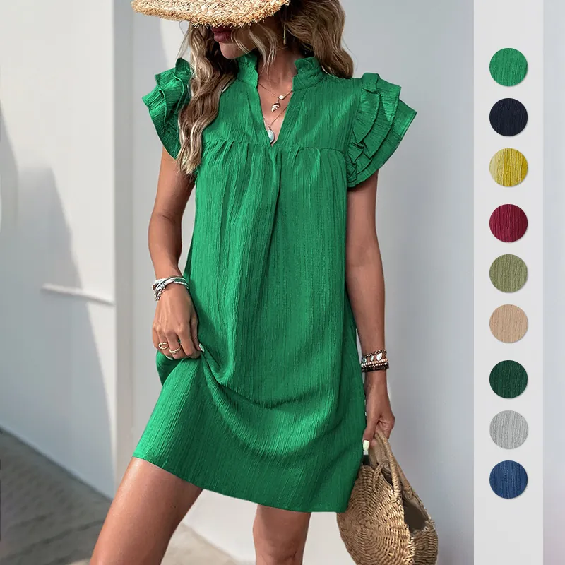Damen Rüschenärmel Kleid V-Ausschnitt Stehkragen Crinkle-Textur Lockeres Minikleid Sommer Lässig Urlaub Einfarbig Rock