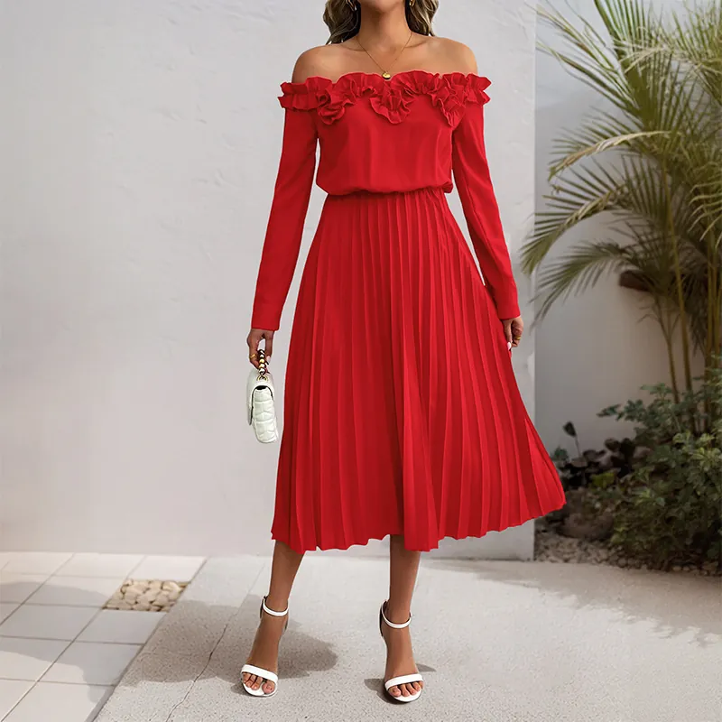 Elegant Off-the-shoulder Ruffle Long Sleeve Pleated Maxi Dress Red Solid Color Party Evening Dress For Women