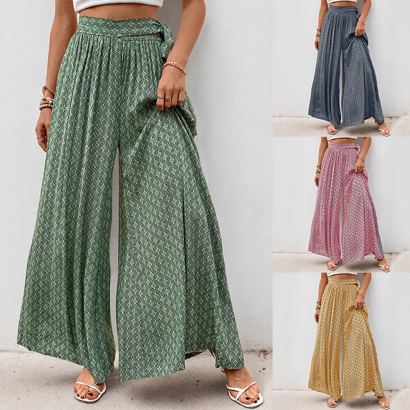 Women High Waist Wide Leg Pants Geometric Print Tie Waist Bohemian Summer Casual Beach Vacation Loose Trousers