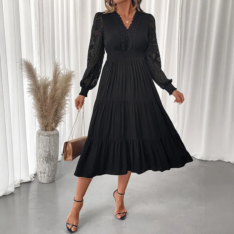 Women Elegant V-Neck Lace Patchwork Long Sleeve Dress Sweet Solid Color High Waist Tiered A-Line Midi Dress
