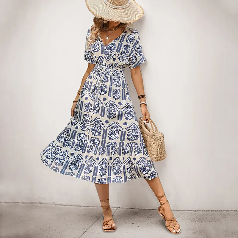 Bohemian V Neck Floral Print Midi Dress For Women Casual Summer Short Sleeve Drawstring Waist Tiered A-Line Beach Vacation