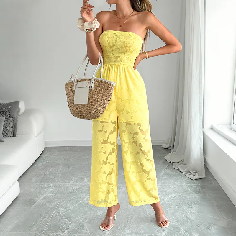 Damen Sommer Gelb Blumen Jacquard Einteiler Mit Weitem Bein Hohe Taille Ärmellos Gerafft Mode Elegant Lang Overall