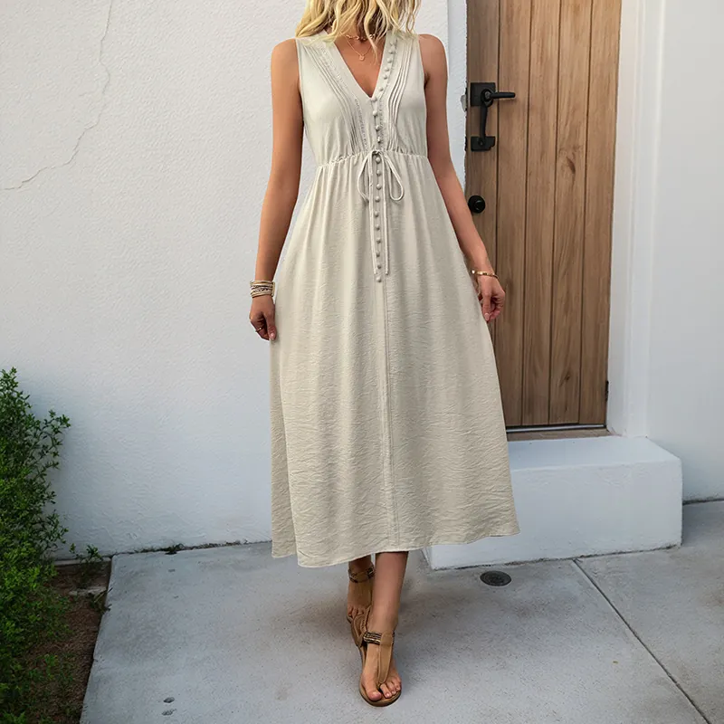 Women Casual Sleeveless V Neck Midi Dress Drawstring Waist Solid Color Decorative Button Summer Boho Beach Party Maxi Dress