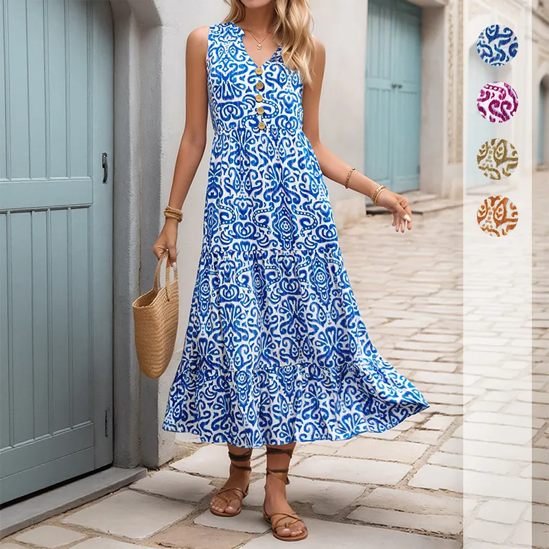 Damen Boho Ärmelloses Midi Kleid V-Ausschnitt 100% Viskose Paisley Druck Gestuftes A-Linie Strandkleid Sommer Urlaub Kleid