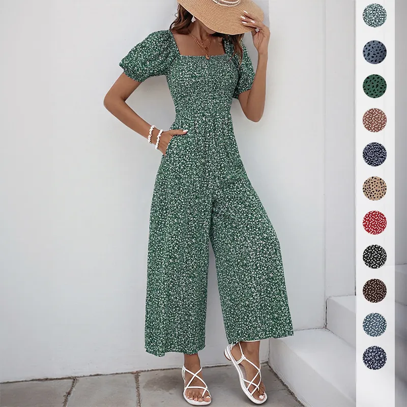 Women Floral Square Neck Puff Sleeve Smocked Wide Leg Jumpsuit Vintage French Vacation Summer Short Sleeve Romper Pockets