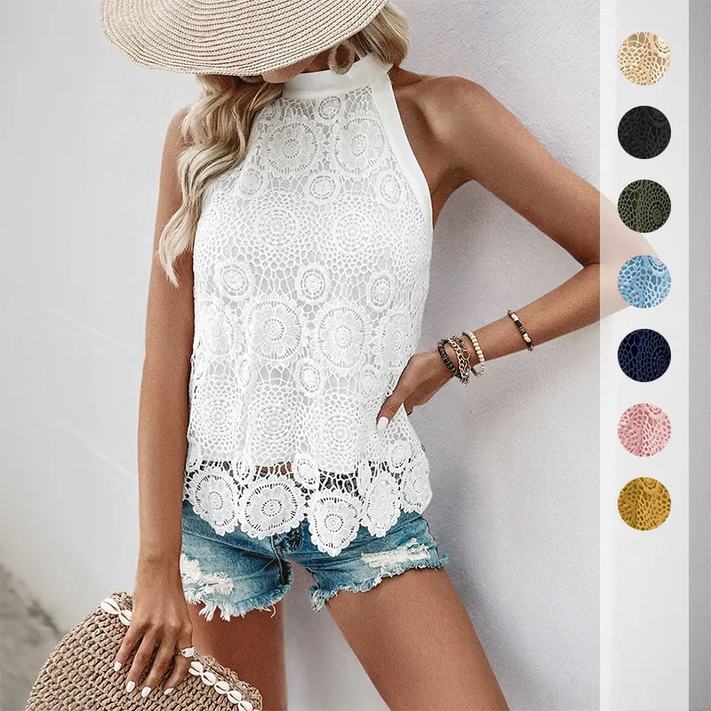 Women Lace Halter Neck Top Summer Vacation Sleeveless Crochet Floral Elegant Backless Hollow Out Shirt Fashion Clothing