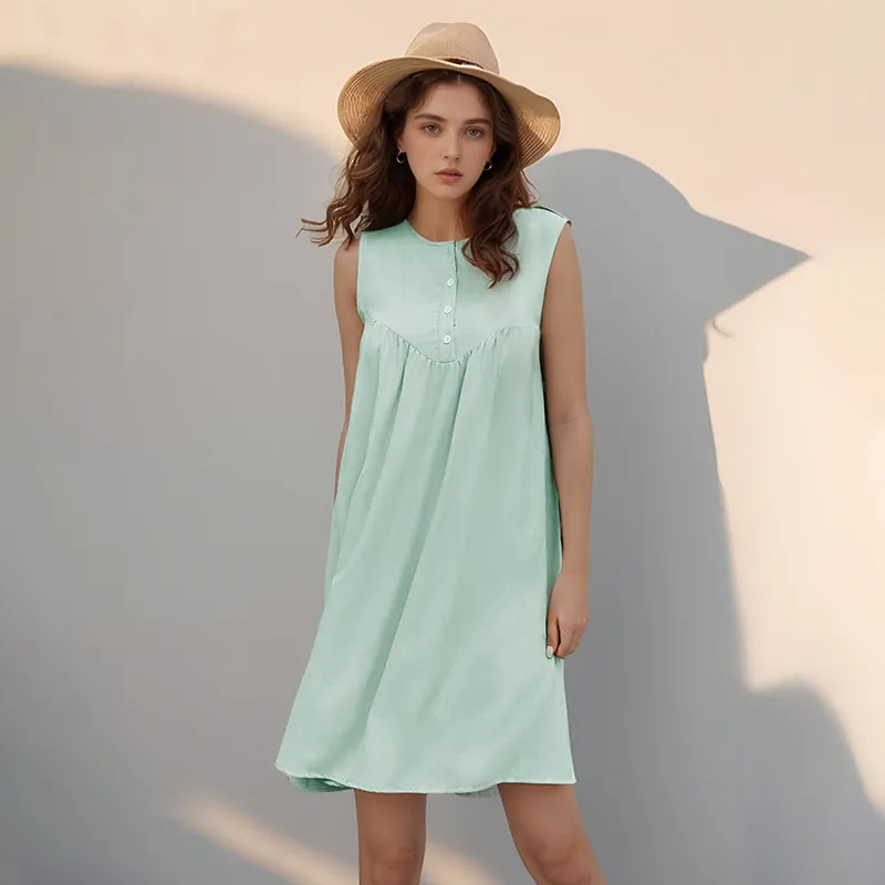 Robe Trapèze Sans Manches Décontractée pour Femmes Vert Menthe Col Rond Décor de Boutons Coupe Ample Robe Été Vacances