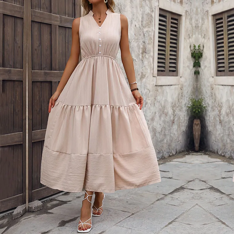 Women Elegant V Neck Sleeveless Tiered Maxi Dress Solid Color High Waist Button Textured Summer Vacation Beach Dress