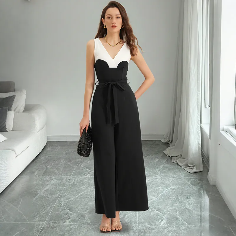 Damen Elegant Farbblock Ärmellos V-Ausschnitt Jumpsuit Hohe Taille Weites Bein Lange Hose Mit Gürtel Casual Office Outfit