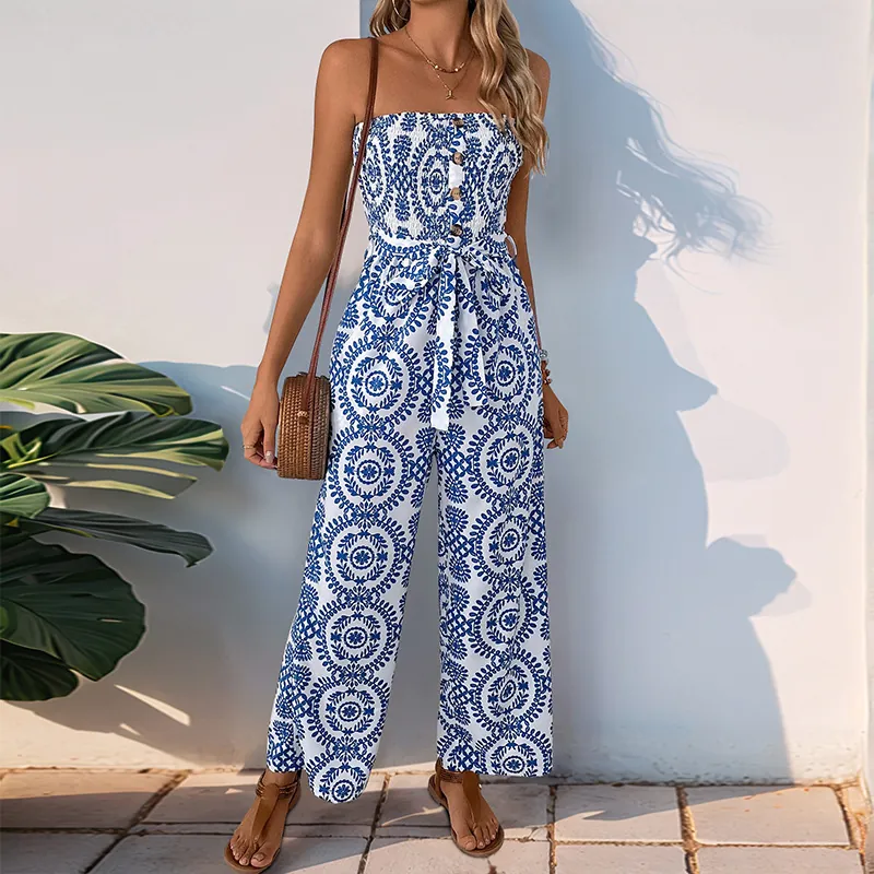 Combinaison Femme Décontractée Bohème Smockée Bandeau Taille Haute Jambe Large Pantalon Long Été Plage Vacances Tenue