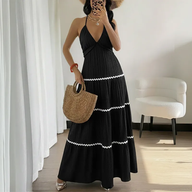 Robe Maxi Femme Élégante Dos Nu Col en V Plissée Texturée Bordure en Dentelle Ondulée Robe d'Été Longue Vacances Décontractée