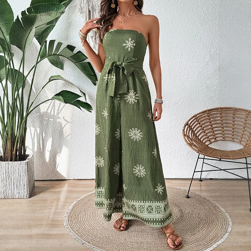Women Bohemian Strapless Wide Leg Jumpsuit Olive Green Mandala Print High Waist Belted Summer Beach Vacation Romper Jumpsuit