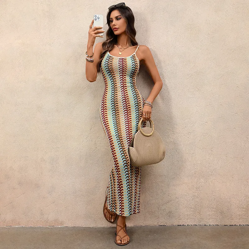 Bohemian Colorful Chevron Knit Maxi Dress For Women Backless Bodycon Crochet Summer Beach Split Long Cami Dress