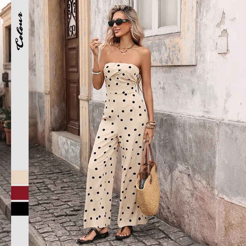 Combinaison Femme à Pois Bustier Taille Haute Jambe Large Rétro Été Décontracté Sans Manches Romper Long Vacances