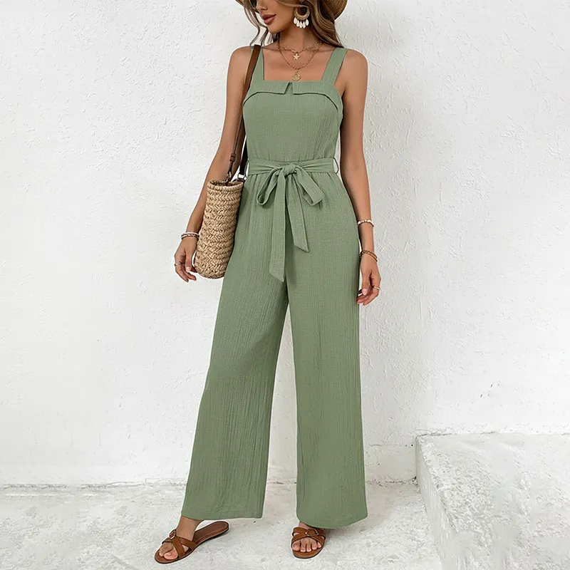 Women Sleeveless Square Neck Jumpsuit Sage Green Crinkle Rayon Blend Wide Leg Tie Waist Summer Vacation Casual Jumpsuit
