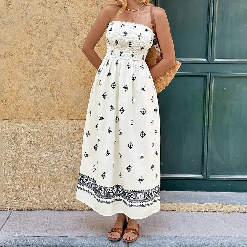 Women Bohemia Strapless Smocked Maxi Dress Geometric Ethnic Print Sleeveless Summer Beach Vacation A-Line Long Dress