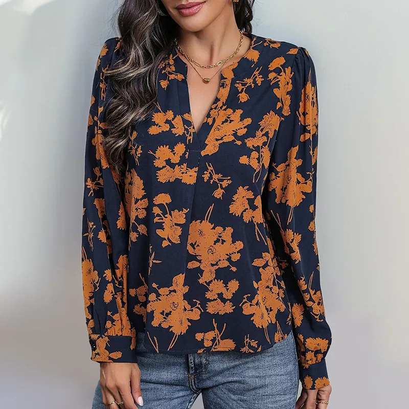 Elegante Damen Bluse Marineblau Blumendruck V-Ausschnitt Langarm Locker Chiffon Hemd Casual Pendler Oberteil