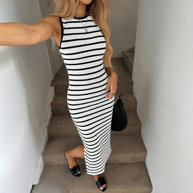 Damen Casual Ärmelloses Gestreiftes Strick Maxikleid Rundhals Slim Fit Bodycon Schlitz Langes Tankkleid Sommer Kleid
