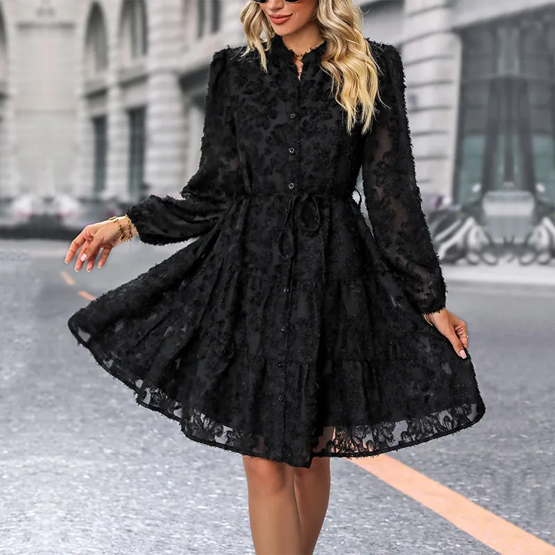 Women Elegant 3D Fuzzy Fringe Jacquard Mini Dress Vintage Long Bubble Sleeve Stand Collar Button Down Tiered Party Dress