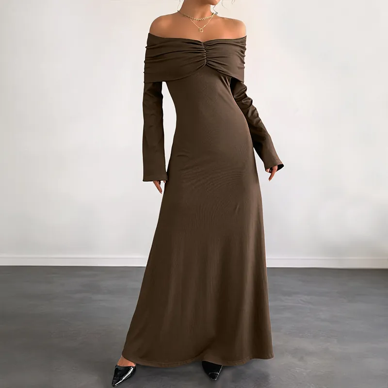 Women Off Shoulder Long Sleeve Maxi Dress Ruched Knitted Bodycon Dress Sexy Coffee Brown Autumn Slim Fit Party Club Dress