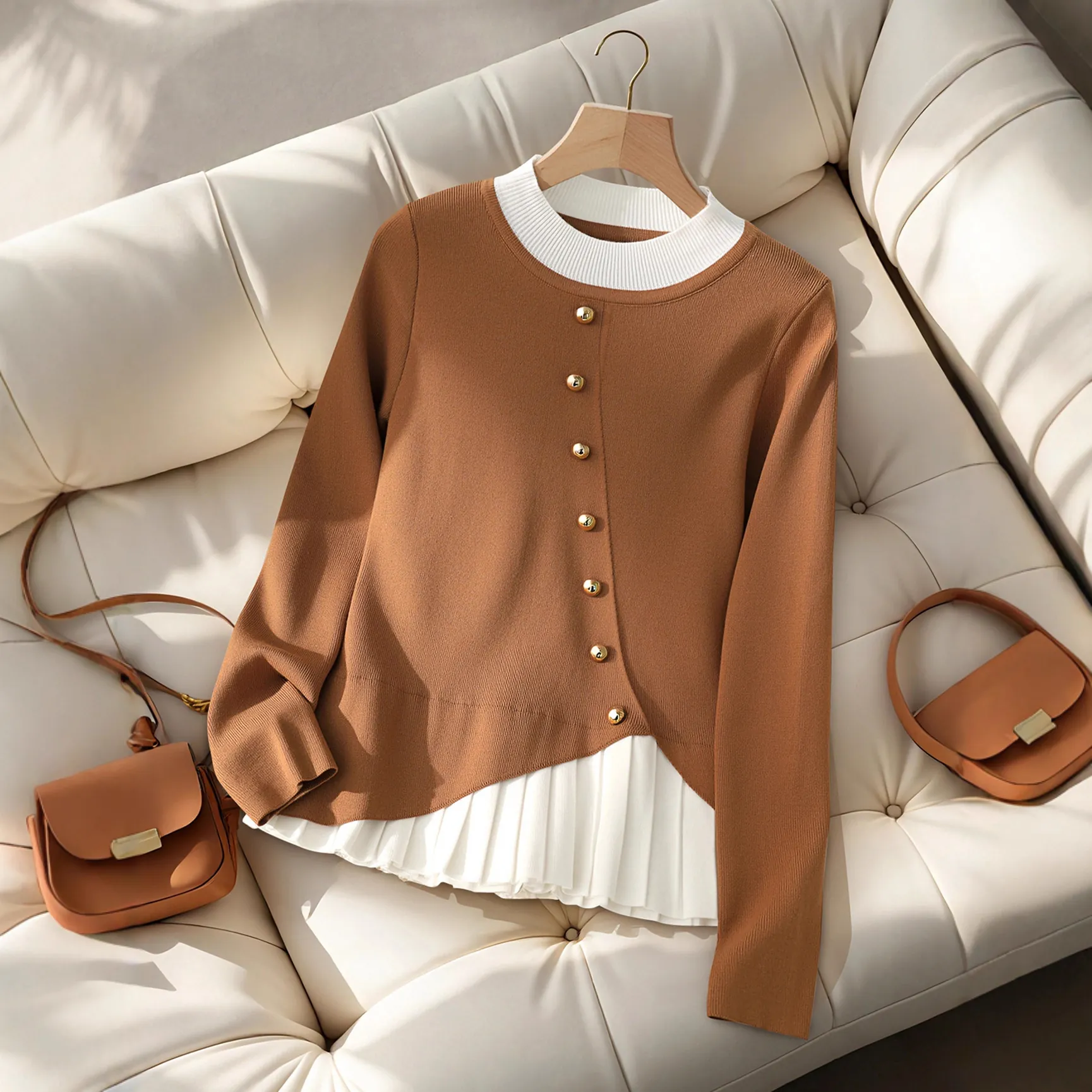 Women Casual Fake Layered Knit Sweater Long Sleeve Gold Buttons Patchwork Ribbed Pullover Slim Fit Pleated Hem Fashion Top